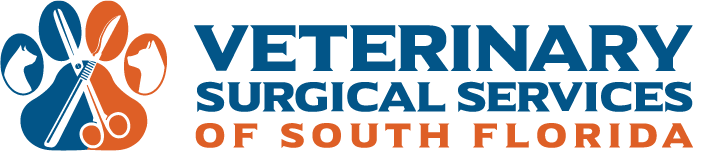 Company logo including text of the company name. logo icon for Veterinary Surgical Services, showing a cat, dog, and surgical tools in a design.